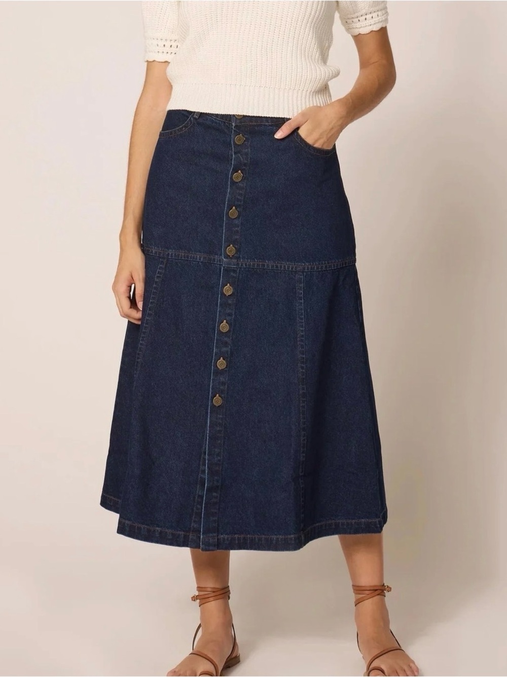 New Cleobella Jodie Midi Skirt Small Dark Denim Blue Button-Front Denim